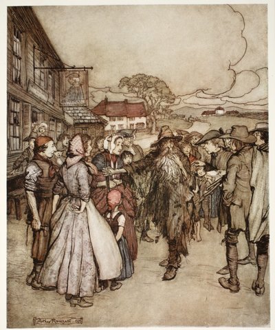 He tungosivat hänen ympärillään ja katselivat minua päästä jalkaan suurella uteliaisuudella. Rip Van Winkle, Washington Irving, pubi. 1910 tekijältä Arthur Rackham
