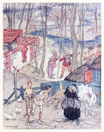 He tarjosivat lehmää jokaisesta jalasta, mutta hän ei hyväksynyt tarjousta, ellei Fiachna menisi takuita vastaan maksamaan. from Mongans Frenzy in Irish Fairy Tales (Irlantilaiset sadut) tekijältä Arthur Rackham