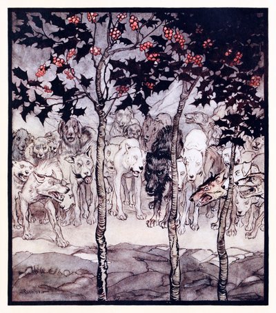 He seisoivat ulkona, täynnä raakuutta ja kauhua. alkaen The Enchanted Cave of Cesh Corran in Irish Fairy Tales (Irlantilaiset sadut) tekijältä Arthur Rackham
