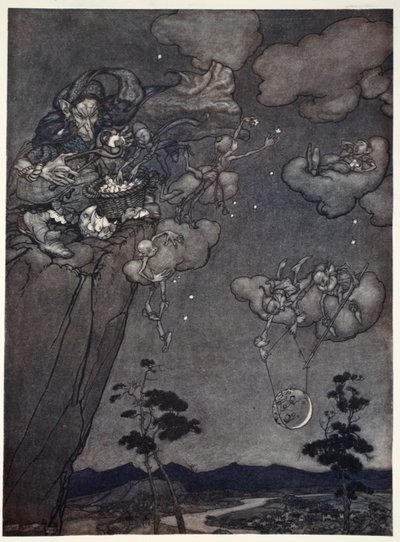Heitä hallitsi vanha squaw-henki, joka ripusti uudet kuut taivaalle ja leikkasi vanhat tähdiksi., Rip Van Winkle, Washington Irving, pubi. 1910 tekijältä Arthur Rackham