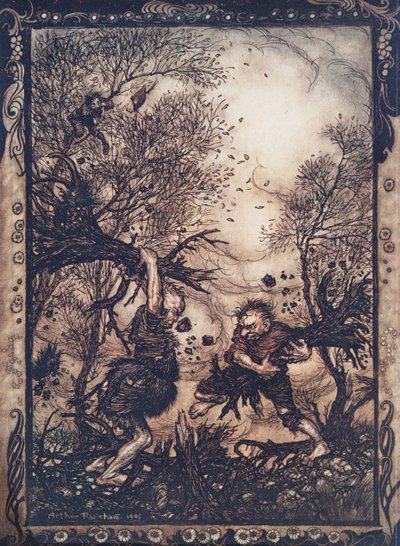 He raivostuivat niin, että repivät puita juurineen ja hakkasivat toisiaan, kunnes molemmat kaatuivat kuolleina, Grimmin veljesten saduista, kustantamo. 1909 tekijältä Arthur Rackham