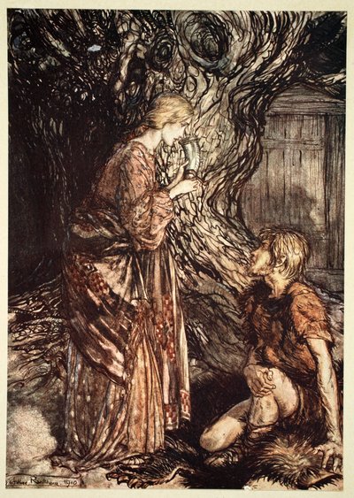 "Tämä parantava ja hunajainen meadin luonnos ansaitsee hyväksyä minulta", 1910. tekijältä Arthur Rackham