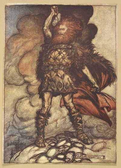 Thor nostaa vasaransa. tekijältä Arthur Rackham