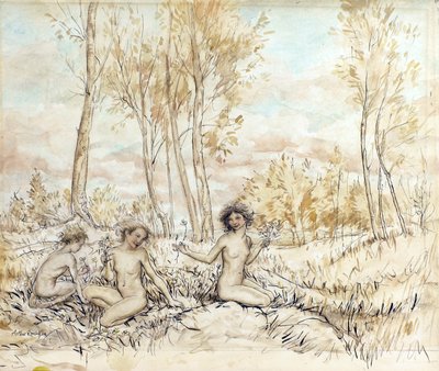 Kolme puunymfiä keräämässä kukkia (kynä & muste ja wc paperilla) tekijältä Arthur Rackham
