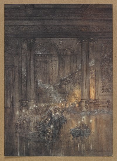 Anna talon läpi kimaltelevaa valoa kuolleiden ja uneliaisten tulen ääressä. Kohtaus Kesäyön unelmasta. tekijältä Arthur Rackham