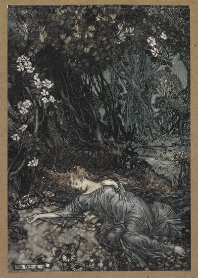 Titania makaa unessa. Kohtaus Kesäyön unelmasta. tekijältä Arthur Rackham