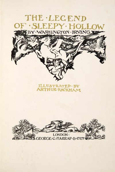 Nimiölehti, teoksesta The Legend of Sleepy Hollow, kirjoittanut Washngton Irving (1783 - 1859), julkaissut. 1928 tekijältä Arthur Rackham