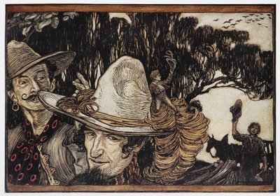Tom Thumb istuu hatun reunalla. tekijältä Arthur Rackham