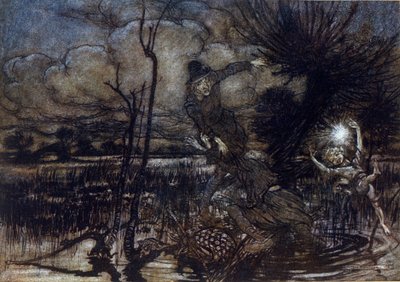 Kaksi hahmoa ei hukku suohon, Puck auttaa heitä tulessa. Arthur RACKHAMin (1867-1939) kuvitus William SHAKESPEAREN kesäyön unelmaan tekijältä Arthur Rackham