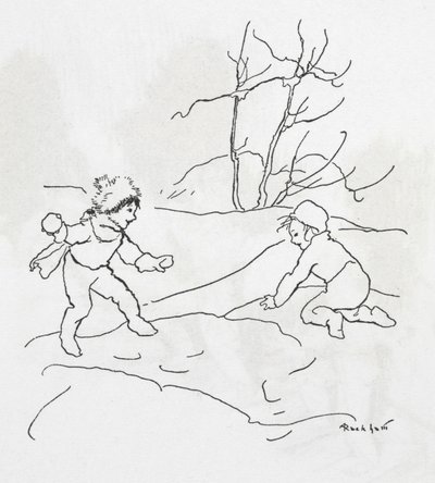Kaksi lasta lumipallosotaa tekijältä Arthur Rackham