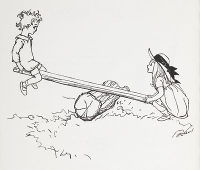 Kaksi lasta nähdä sahalla. tekijältä Arthur Rackham