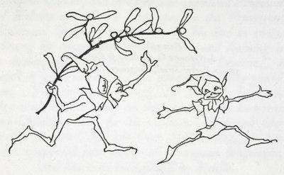 Dois elfos brincando, um carregando um raminho de visco finlandês tekijältä Arthur Rackham