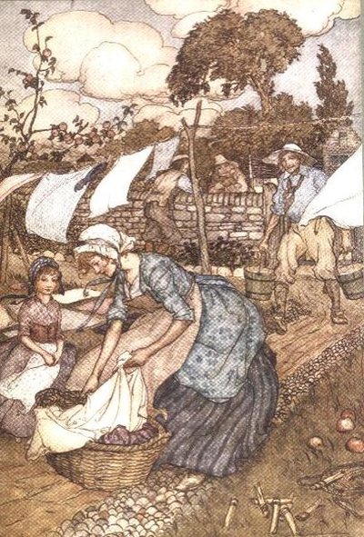 "Washing Day" Washington Irvingin (1783-1859) "Rip Van Winklestä" tekijältä Arthur Rackham
