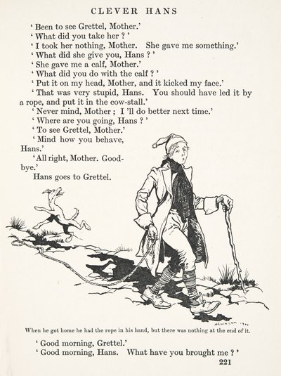 Kun hän pääsi kotiin, hänellä oli köysi kädessään, mutta sen päässä ei ollut mitään, Grimmin veljesten saduista, pub. 1909 tekijältä Arthur Rackham