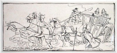 "Mikä tekee valmentajasta niin raskaan tänään?", kuvitus Thomas Ingoldsbyn teoksesta "The Ingoldsby Legends, or Mirth and Marvels", julkaistu 1898 (kynä ja muste paperille) tekijältä Arthur Rackham