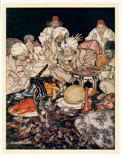 Kun Puss näki rotat ja hiiret, hän ei odottanut, että hänelle kerrotaan, pubista Englanti Fairy Tales. 1922. tekijältä Arthur Rackham
