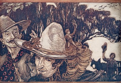 Kun Tom oli hyvästellyt isänsä, he lähtivät hänen mukaansa .. , Grimmin veljesten saduista, kustantamo. 1909 tekijältä Arthur Rackham