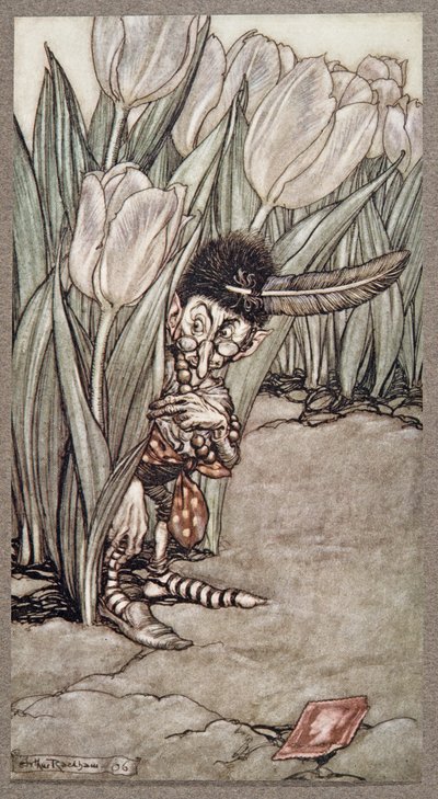 Kun hän kuuli Petersin äänen, hän poksahti hätääntyneenä tulppaanin taakse, Peter Panin Kensington Gardensista, kirjoittanut J M Barrie (1860 - 1937), pubi. 1906 tekijältä Arthur Rackham