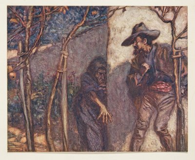Kun hän meni muurin yli, hän kauhistui nähdessään noita edessään, Grimmin veljesten saduista, pub. 1909 tekijältä Arthur Rackham