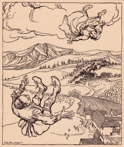 Kun hänen miehensä näki hänet, hän huusi: Hei! tule luokseni tänne". Arthur Rackhamin kuvitus Grimmin sadusta Nuori jättiläinen." tekijältä Arthur Rackham