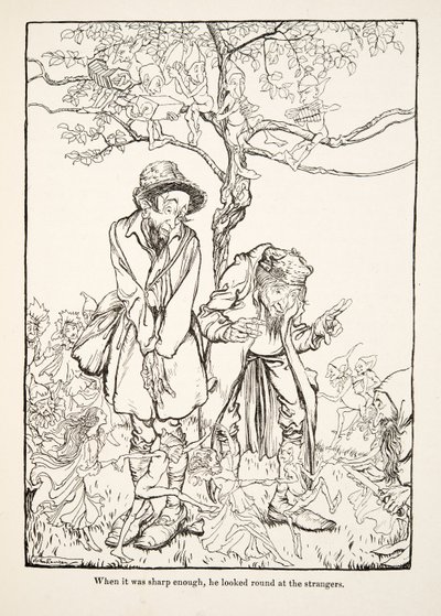 Kun se oli tarpeeksi terävä, hän katsoi ympärilleen vieraita, julkaisusta Pikkuveli & Pikkusisar ja Muita Grimmin veljesten tarinoita, pub.1917 (litho) tekijältä Arthur Rackham