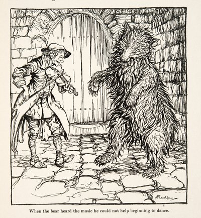 Kun karhu kuuli musiikin, hän ei voinut olla aloittamatta tanssimista, teoksesta Pikkuveli & Pikkusisar ja Grimmin veljesten muita tarinoita, pub.1917 (litho) tekijältä Arthur Rackham