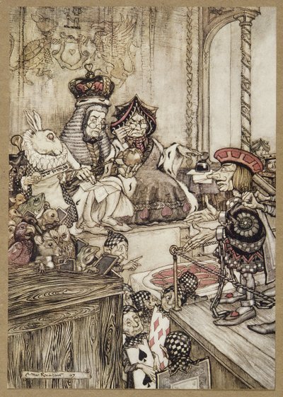 Kuka varasti tortut?, Lilicen seikkailuista ihmemaassa, kirjoittanut Lewis Carroll, pubi. 1907 (väri litho) tekijältä Arthur Rackham