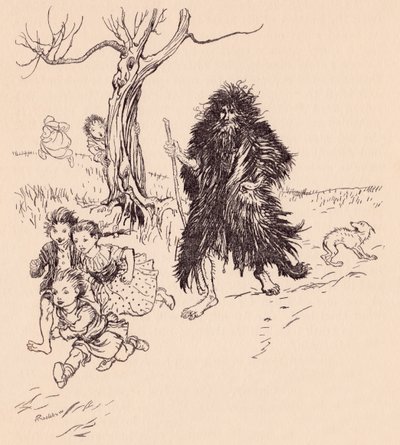 Joka näki hänet, juoksi karkuun. Arthur Rackhamin kuvitus Grimm
