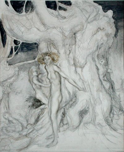 Puunymfit (akvarelli ja kynä paperille) tekijältä Arthur Rackham