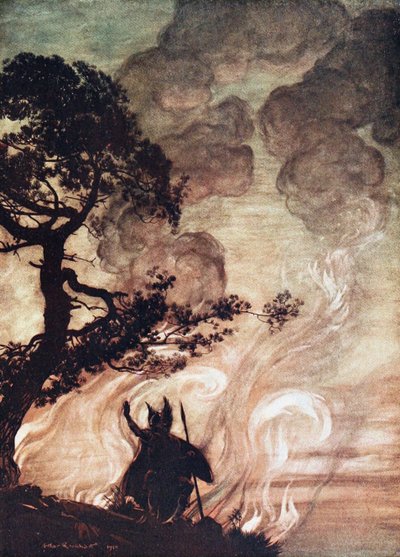 Wotan kääntyy ja katsoo surullisena takaisin Brünnhildeen. Kuvitus teoksiin The Rhinegold ja The Valkyr tekijältä Arthur Rackham