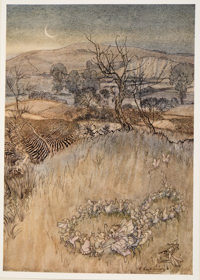 Te deminuket, jotka kuutamolla teette vihreät, happamat rengastukset, kuvitus William Shakespearen Myrsky -teoksesta, pub. 1926 tekijältä Arthur Rackham