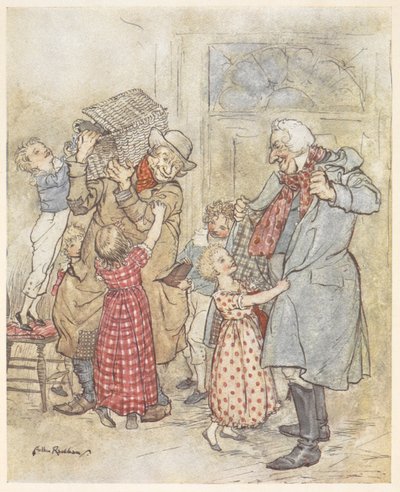 Pienet lapset auttavat kahta vanhempaa miestä pukeutumaan takkiinsa, kun he tulevat taloon kantaen joululahjoja tekijältä Arthur Rackham