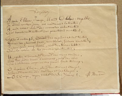 Käsikirjoitus Arthur Rimbaudin runosta: "Vokaalit" tekijältä Arthur Rimbaud