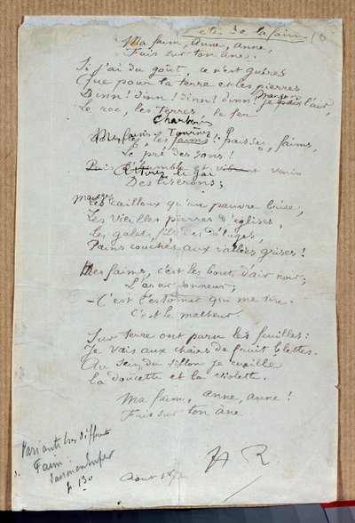 Arthur Rimbaudin runon "Nälän juhlat" käsikirjoitus, elokuu 1872. Charleville, Musee Rimbaud tekijältä Arthur Rimbaud