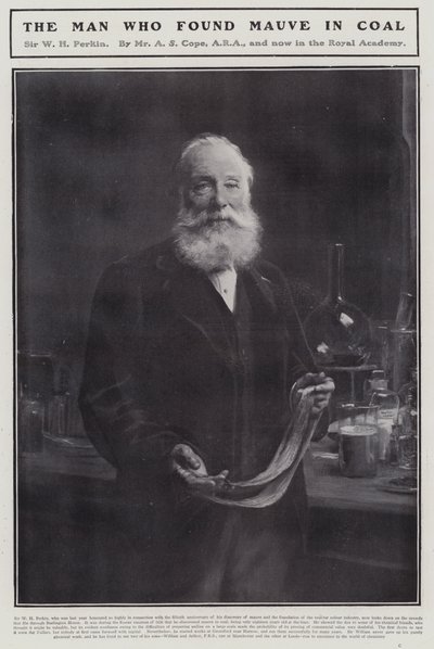 William Henry Perkin, englantilainen kemisti, joka löysi ensimmäisen synteettisen orgaanisen väriaineen, mauveinen (litho) tekijältä Arthur Stockdale Cope