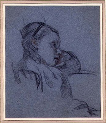 Istuvan tytön muotokuva, n. 1870 (punainen ja musta liitu sinisellä paperilla) tekijältä Arthur Stocks