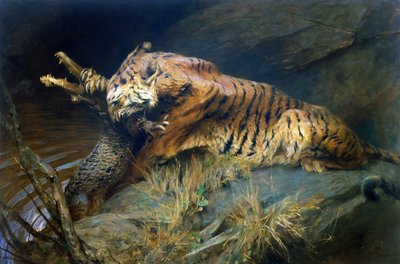 Tiikeri ja krokotiili (öljy kankaalle) tekijältä Arthur Wardle