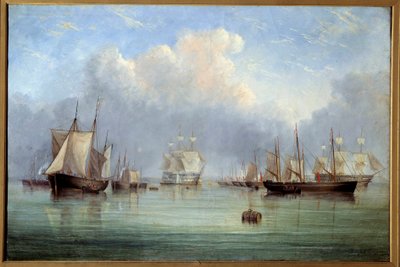 Merilaivat ja purjeveneet ankkuroituina. Arthur Wellington Fowlesin (1815-1883) maalaus 1800-luvun Orleans Museum of Fine Arts tekijältä Arthur Wellington Fowles
