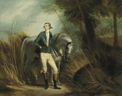Herrasmies metsästää villisikaa intialaisessa maisemassa (öljyä kankaalle) tekijältä Arthur William Devis
