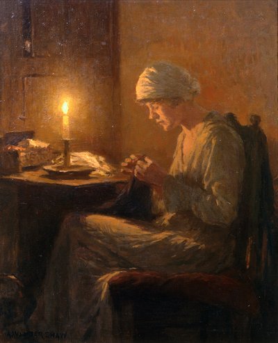 Käsityöt kynttilänvalolla (öljy kankaalle) tekijältä Arthur Winter Shaw