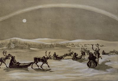 Ainutlaatuinen revontulien ilme Jerdis Javrin ylittäneen lapin porolauman yläpuolella, Winter Sketches in Lapissa, kaiverrus James Duffield Harding (1798-1863) 1825 (kaiverrus) tekijältä Arthur de Capell Brooke
