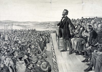 Abraham Lincoln pitämässä kuuluisaa puhettaan 19. marraskuuta 1863. tekijältä Artist Unknown