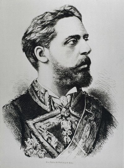 CARLOS VII, Carlos Maria de los Dolores de Borbon y Austria-Este (1848-1909). Karlisti pyrki Espanjan valtaistuimelle nimellä Carlos VII. Espanja. Karlisti. Kaarle VII, karlistien kruununhakija. Julkaistu julkaisussa "La ilustracion Espanola y Americana".  tekijältä Artist Unknown