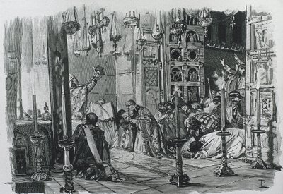 CHARLEMAGNE tai CHARLES I (742-814). Franskien ja lombardien kuningas (768-814) ja Pyhän saksalais-roomalaisen keisarikunnan keisari (800-814). Kaarle Suuren kruunajaiset Pyhän Rooman keisariksi (800). Kaiverrus. tekijältä Artist Unknown
