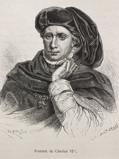Ranskan Kaarle VI, jota kutsuttiin "Hyvin rakastetuksi" (1368-1422). Ranskan kuningas (1380-1422), Valois-dynastia. Kaiverrus. tekijältä Artist Unknown