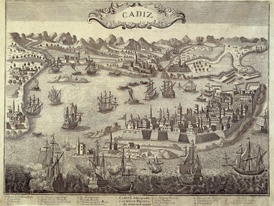 Cadizin kaupunki ja satama. Kaiverrus. ESPANJA. ANDALUSIA. Cadiz. Museo de Cadiz tekijältä Artist Unknown