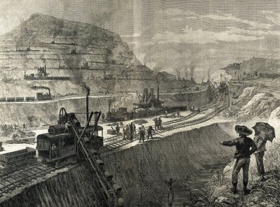 Panaman kanavan rakentaminen. Ruoppaustyöt Culebran kylässä. Meltor Priorin alkuperäinen piirustus. Kuva julkaistu The Illustrated London News -lehdessä. Kaiverrus. tekijältä Artist Unknown