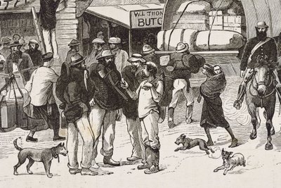 Englanti (19. vuosisata). Siirtolaisuus (1880). Kullankaivajien elämä Australiassa. Englantilainen Botany Bayn siirtokunta (perustettu vuonna 1788), jota aluksi asuttivat lähinnä rikolliset, joista tuli kullankaivajia ja kauppiaita. Kaiverrus. Yksityiskoko tekijältä Artist Unknown