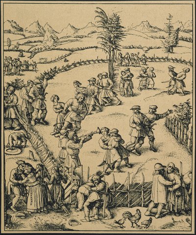 Maanviljelijöiden juhla saksalaisella maatilalla ("Der Jahrmarkt"). Musiikkia ja tanssia. (kaiverrus) tekijältä Artist Unknown