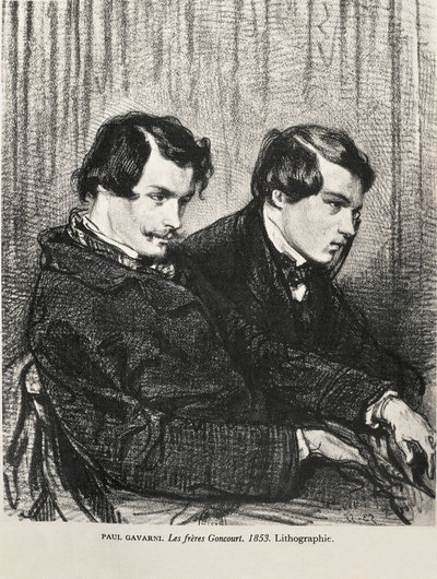 Gavarni, Hippolyte-Guillaume-Sulpice Chevalier, nimeltään Paul (1804-1866). Edmond ja Jules de Goncourt teatterin aitiossa. 1853. GONCOURT, Edmon Huot of (1822-1896). Englantilainen kirjailija; GONCOURT, Jules Huot de (1830-1870). Englantilainen kirjailija tekijältä Artist Unknown